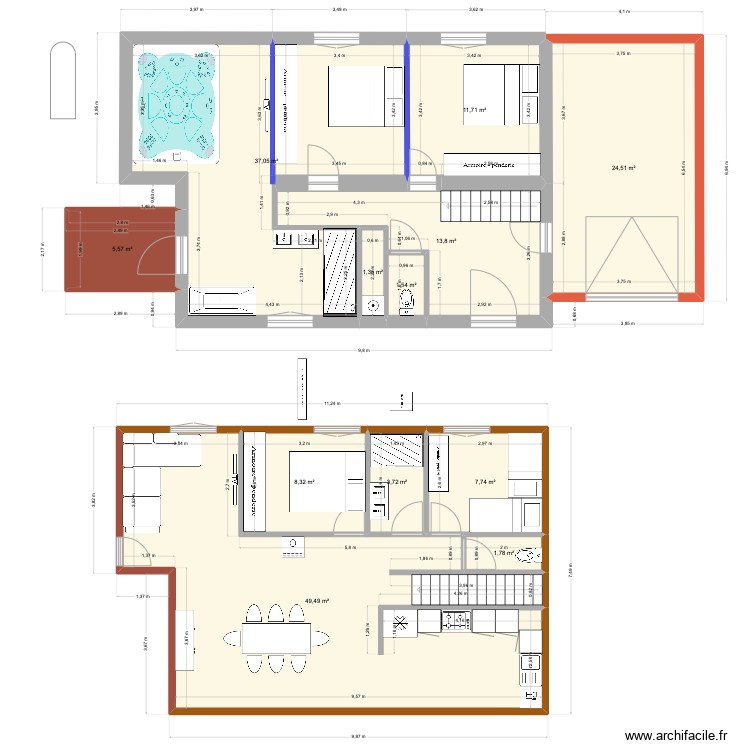 chalet rdc espace sauna devant et grd spa  _ sdb etage milieu. Plan de 0 pièce et 0 m2