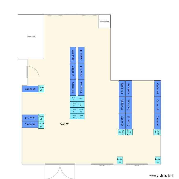 Vestiaire TLD. Plan de 1 pièce et 80 m2