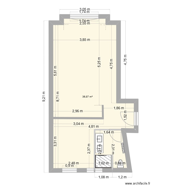 JDLF. Plan de 1 pièce et 37 m2