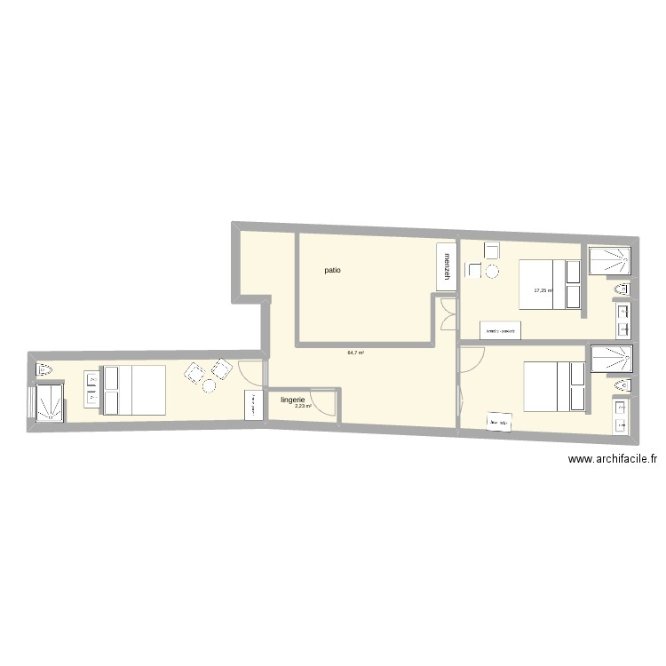 riad bab doukala etage 3. Plan de 3 pièces et 84 m2