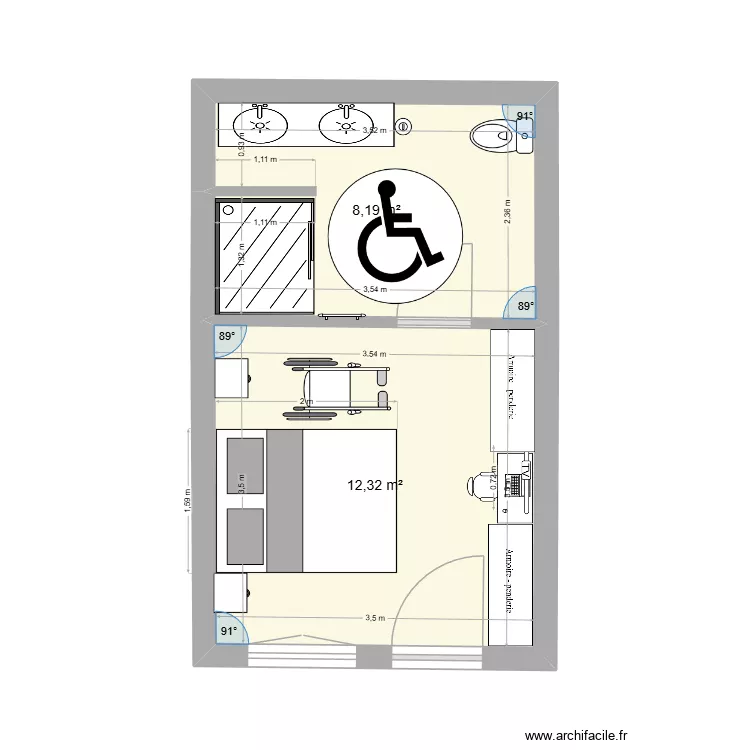 chambre handi. Plan de 2 pièces et 21 m² chambre handi. Plan de 2 pièces et 21 m²
