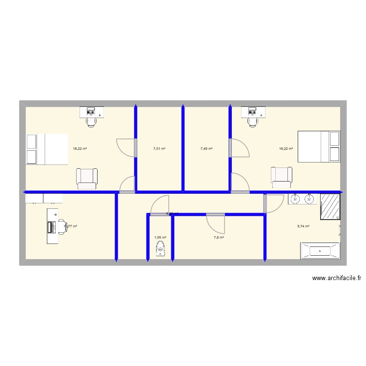 Etage. Plan de 9 pièces et 91 m2