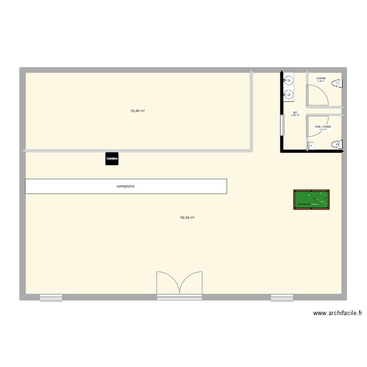 Plan coffee shop. Plan de 5 pièces et 134 m2