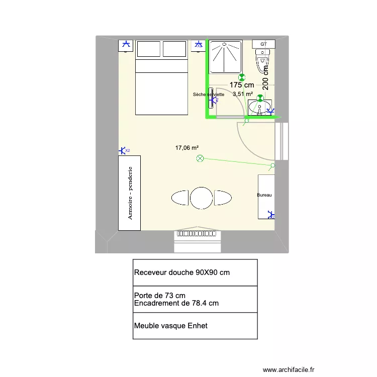 Chambre 6 (1er &eacute;tage). Plan de 2  et 21 m²
