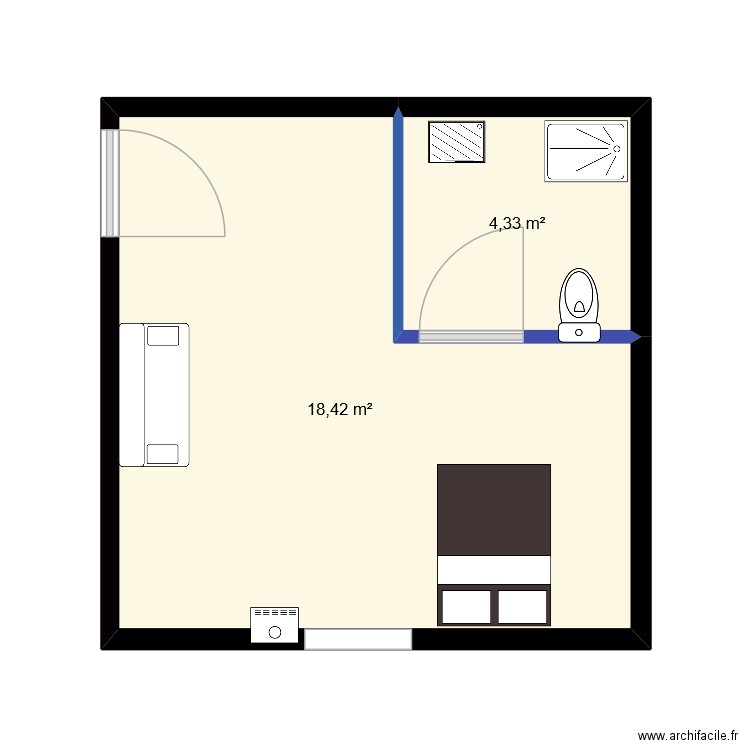 chamnre ehpad. Plan de 2 pièces et 23 m2