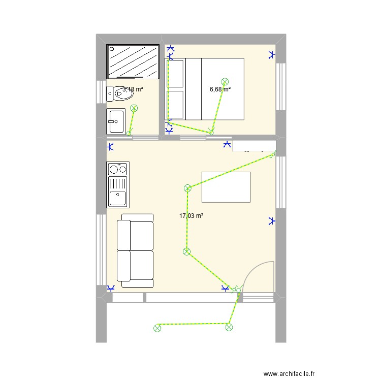 bungalow T1. Plan de 3 pièces et 27 m2