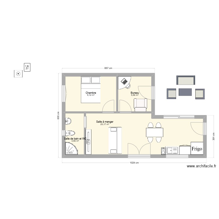 Modèle Hortensia. Plan de 4 pièces et 42 m2
