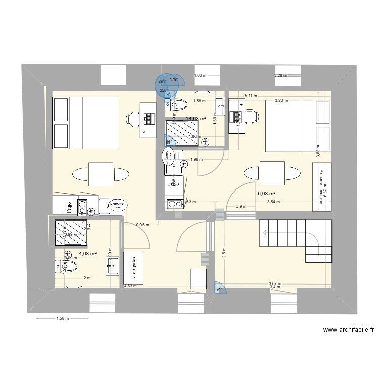 2eme etage  35 bis. Plan de 3 pièces et 32 m2