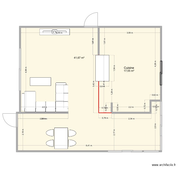 Cuisine. C m. Mt dore. Plan de 2 pièces et 59 m2