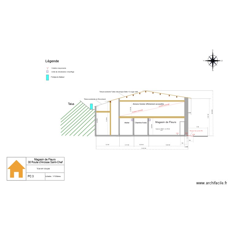 PC 3 Plan en coupe avec cotations. Plan de 0 pièce et 0 m2
