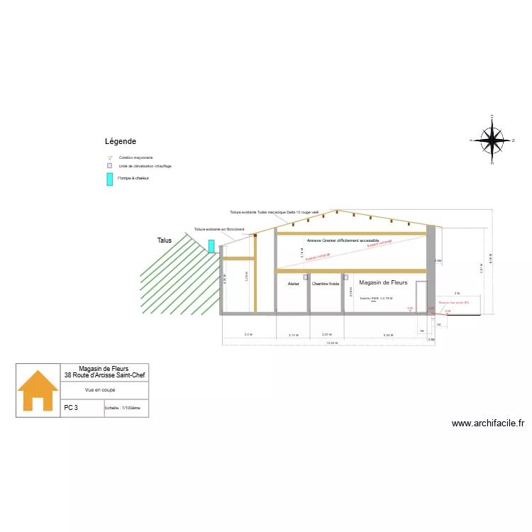 PC 3 Plan en coupe avec cotations. Plan de 
