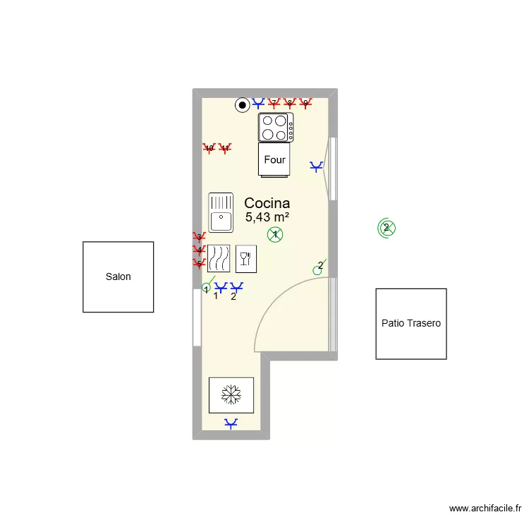 cuisine. Plan de 1  et 5 m²