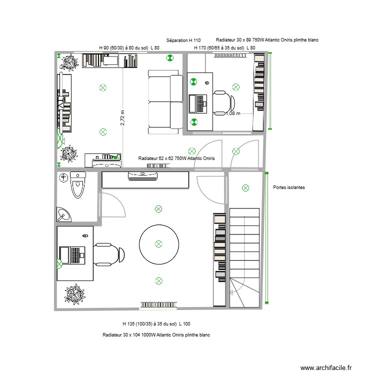 Salon et bureau 3 fenêtres (définitif). Plan de 4 pièces et 37 m2