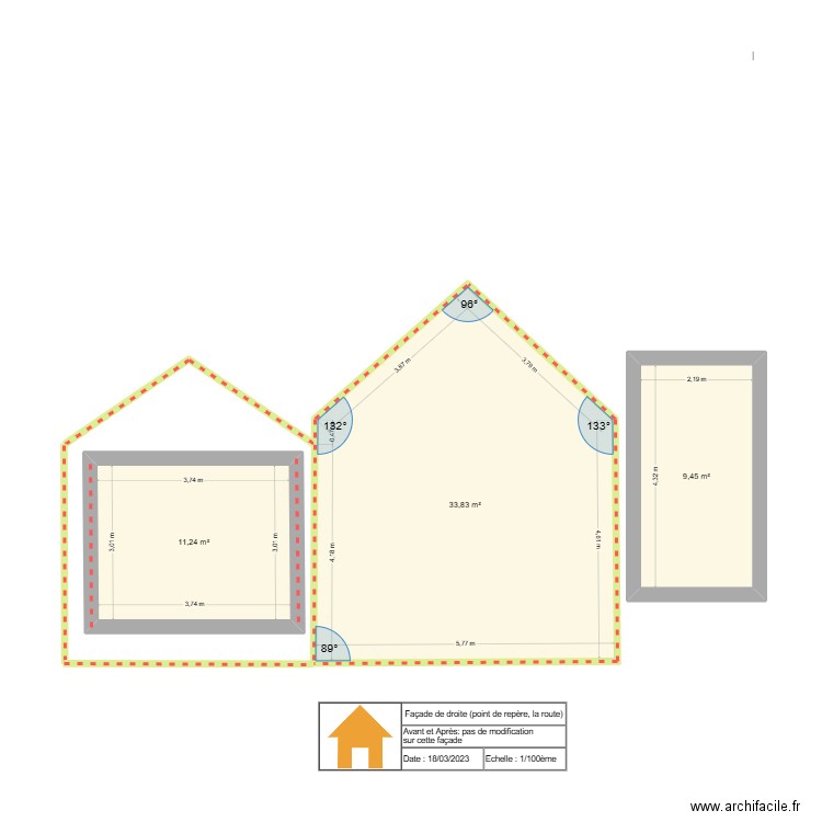 Facade de Gauche. Plan de 3 pièces et 55 m2