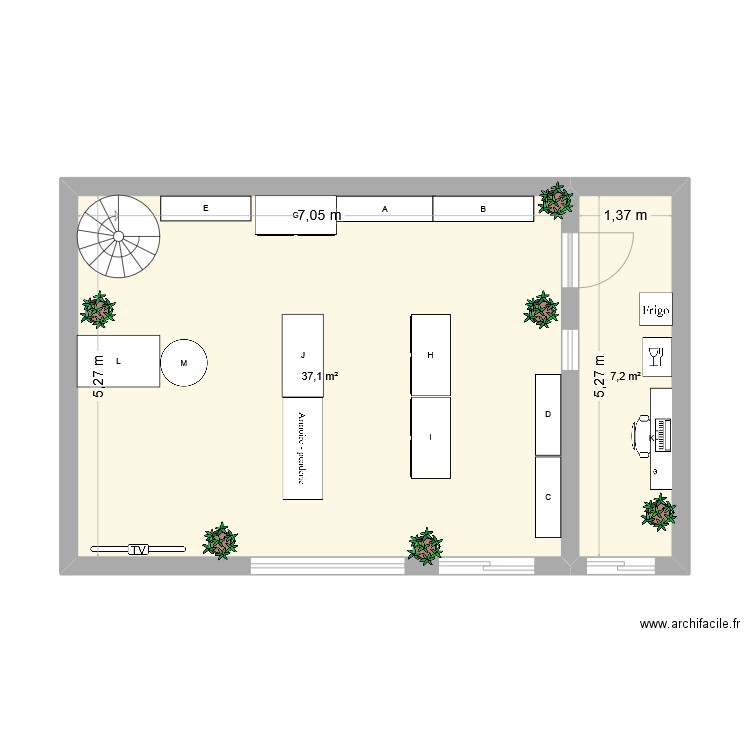Agencement du point de vente. Plan de 2 pièces et 44 m2