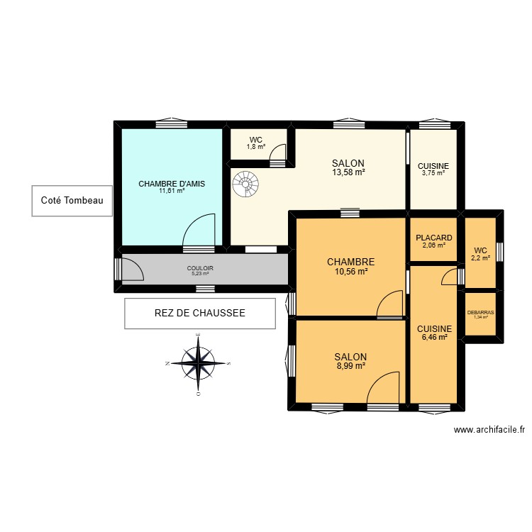 Rez de chaussé. Plan de 11 pièces et 68 m2