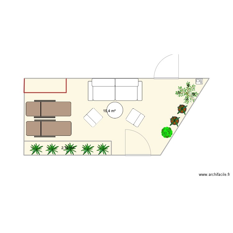 Terrasse avec deux transat et salon bas. Plan de 2 pièces et 22 m2