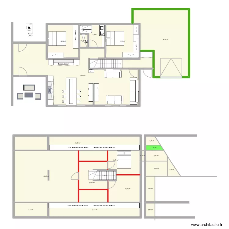 en cour 2 ch. Plan de 22  et 274 m²