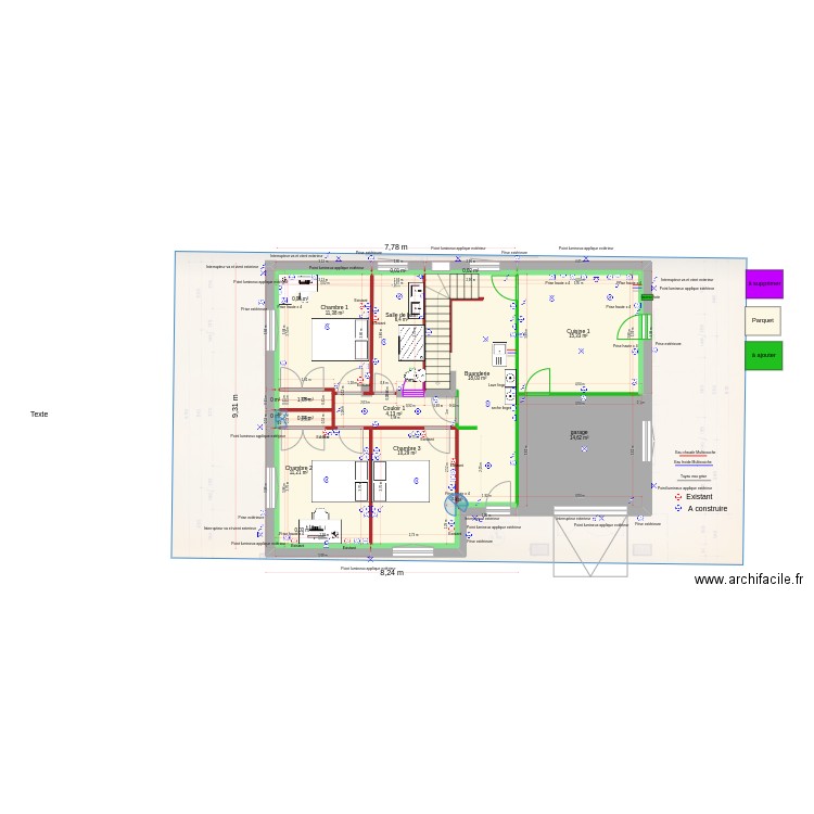 RDC_SDB. Plan de 16 pièces et 94 m2