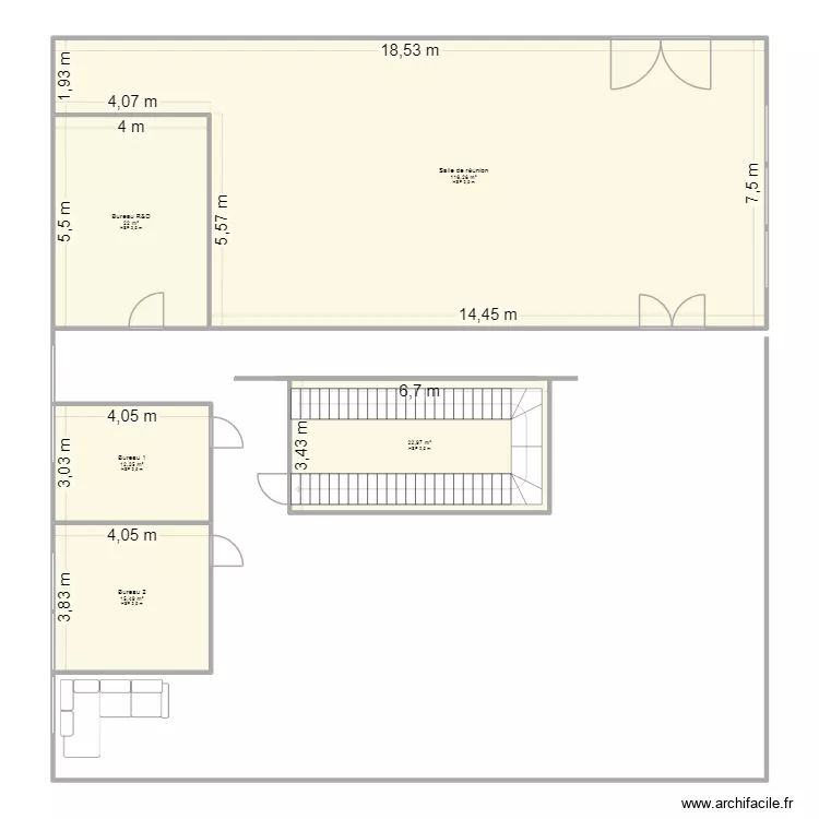 bureau 1 er etage. Plan de 5  et 189 m²