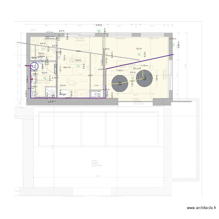 plan labo. Plan de 2 pièces et 44 m2