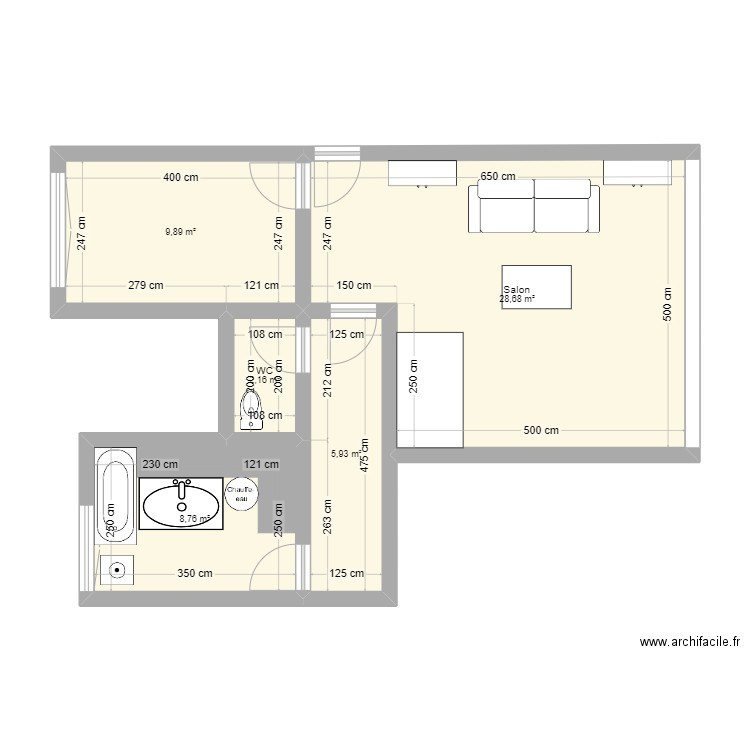 Appart Pauline vrais faux pas. Plan de 5 pièces et 55 m2