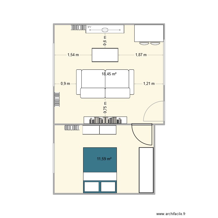 Appartement. Plan de 2 pièces et 30 m2