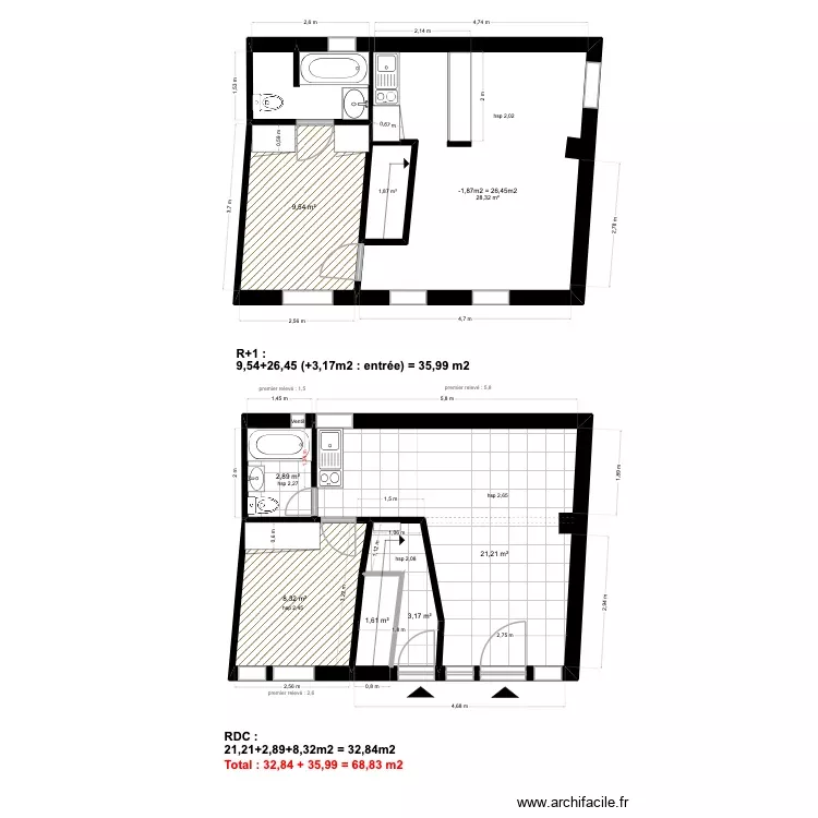Adel existant. Plan de 7 Pièces et 75 m²