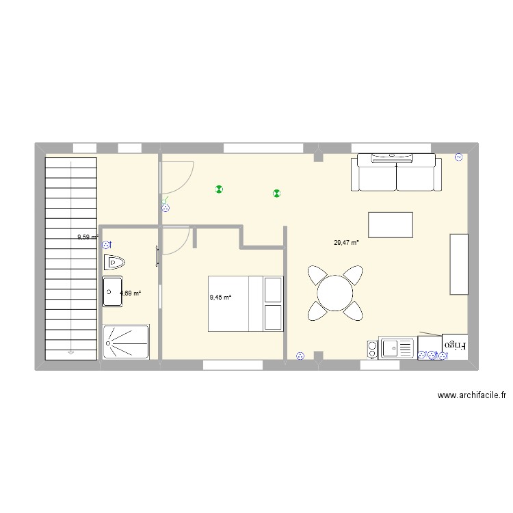 Maison 1e étage. Plan de 4 pièces et 53 m2