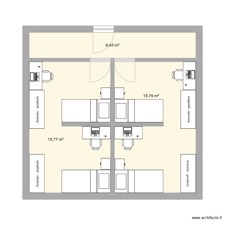 P002 divisié en 2 et 2 par chambre. Plan de 3 pièces et 38 m2