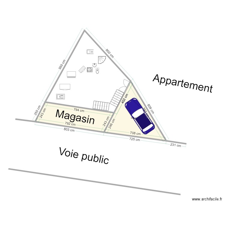 Acher chantier dimensons. Plan de 2 pièces et 40 m2