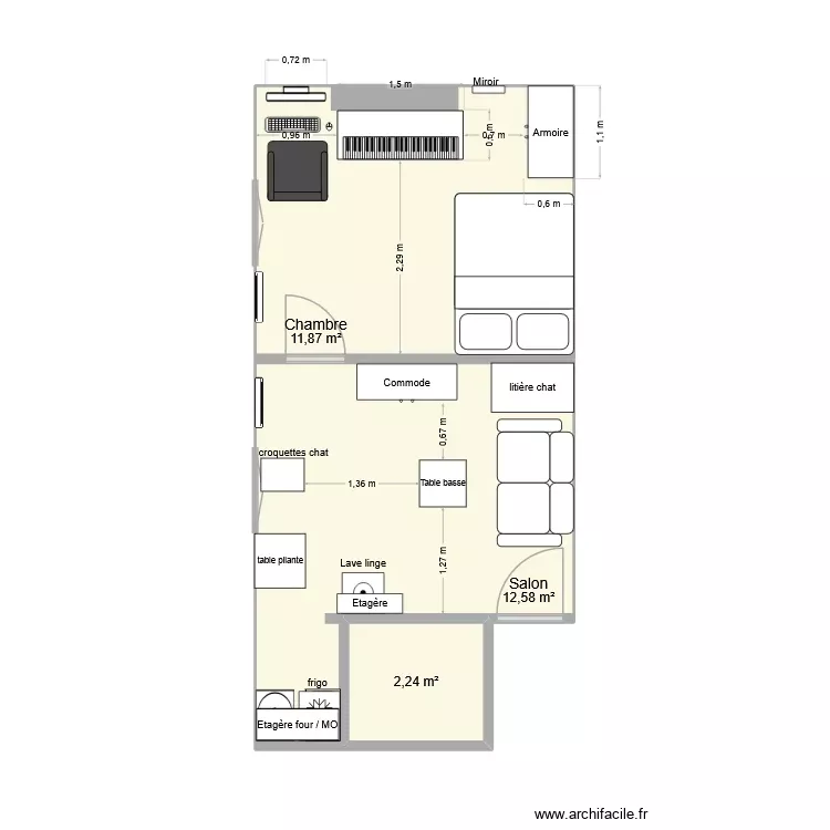 piano en face. Plan de 3 Pièces et 27 m²