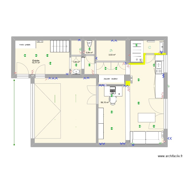 RDC (2e option). Plan de 6 pièces et 74 m2
