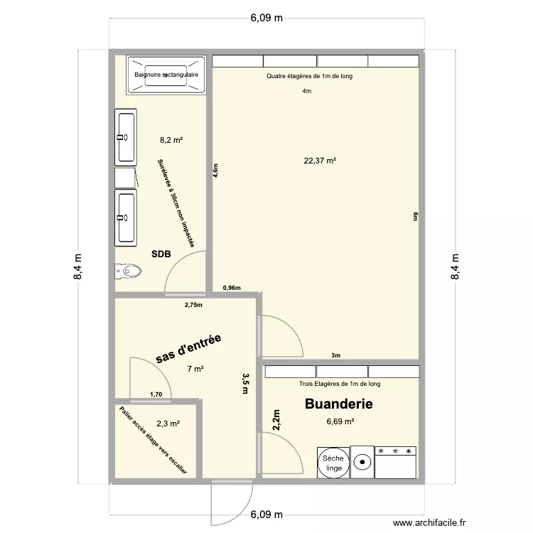 Entr&eacute;e RDC. Plan de 5  et 47 m²