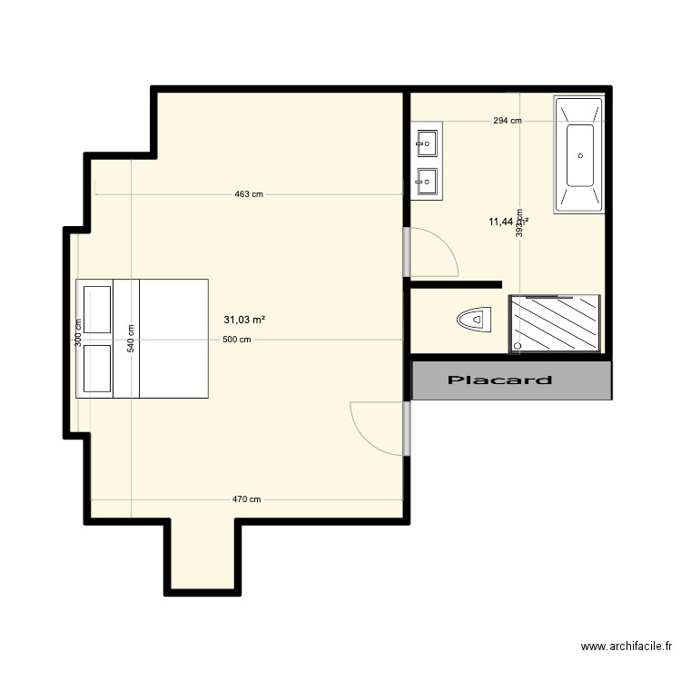 Chambre des maitres. Plan de 2 pièces et 42 m2