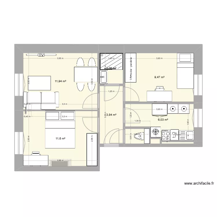 Paul Bert - Cloison - 2 chambres Enfant. Plan de 9  et 46 m²