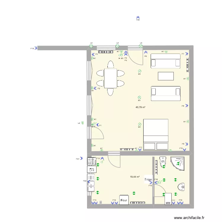studio. Plan de 2 pièces et 60 m²