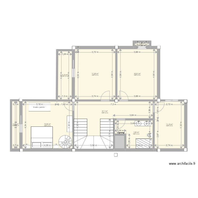 1 er etage. Plan de 7 pièces et 98 m2