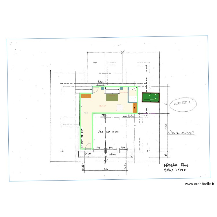 MEZZA SAMOENS variante2  chambre 18/3. Plan de 1 pièce et 39 m2