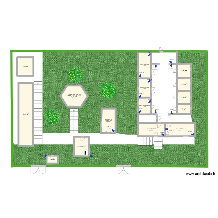 Plan d'implantation videosurveillance. Plan de 15 pièces et 36 m2