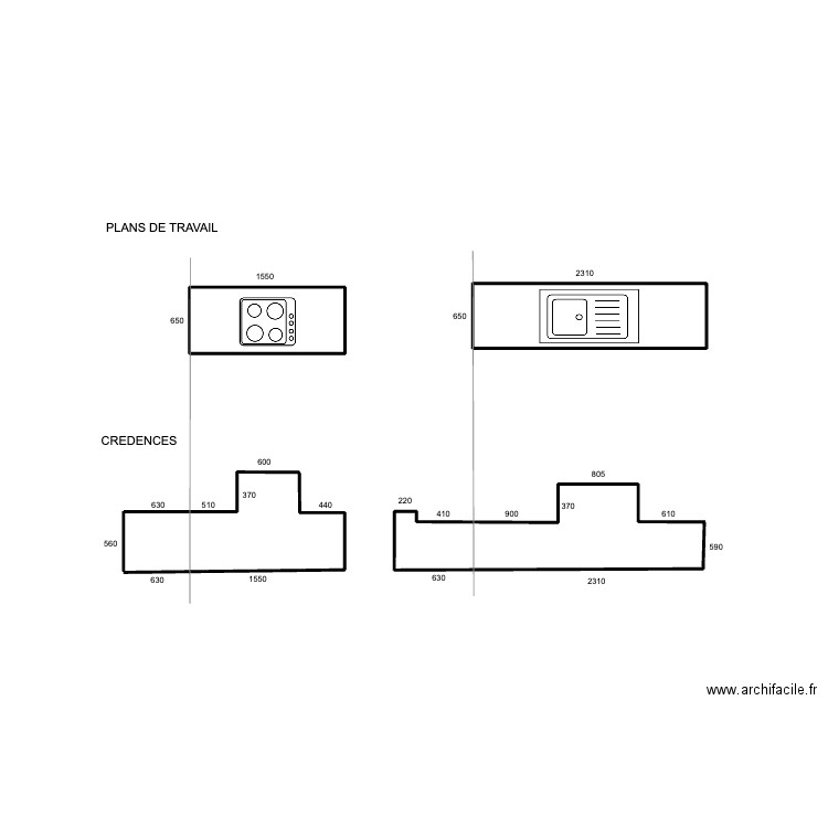 Option cuisine - Crédences et plans de travail. Plan de 2 pièces et 2 m2