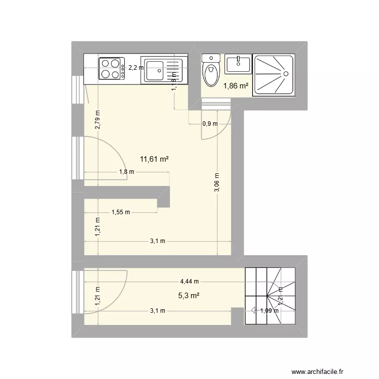 RDC Rouget de l'isle. Plan de 3  et 19 m²