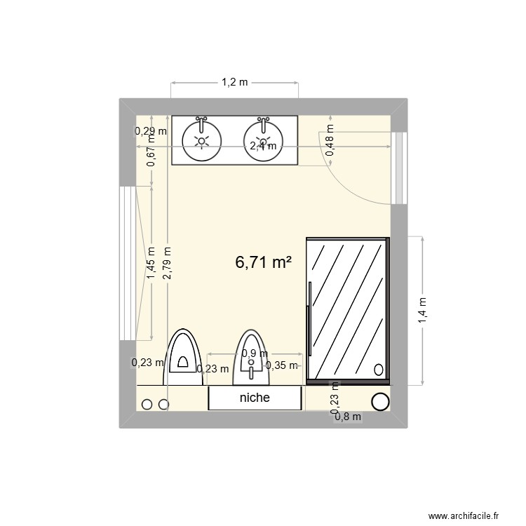 salle de bain deuxième étage. Plan de 1 pièce et 7 m2