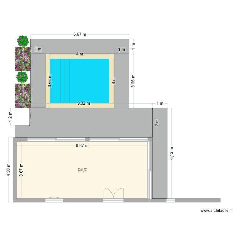 extension terrasse + piscine. Plan de 1 pièce et 34 m2