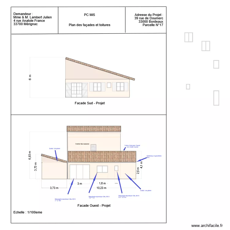 PC souston - Facade sud. Plan de 