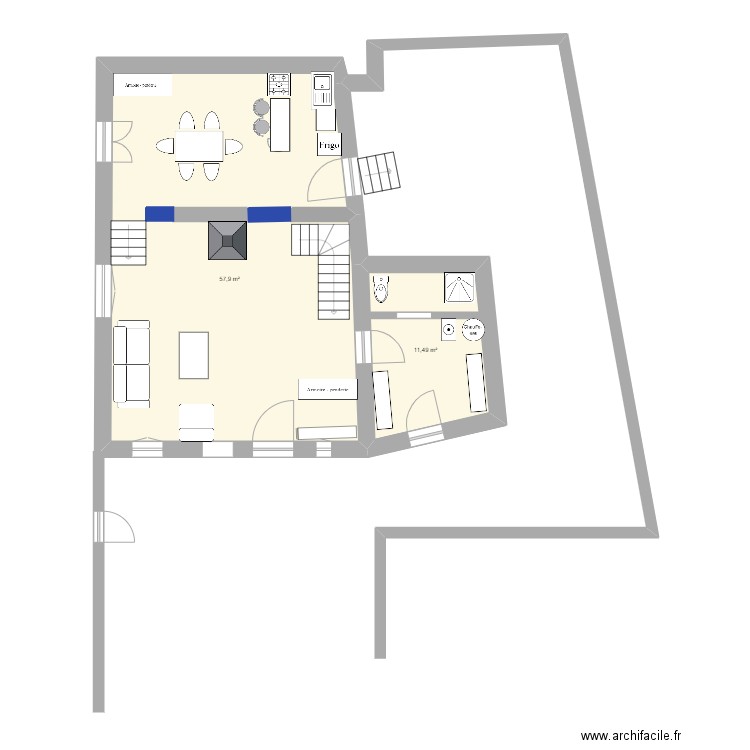 RDC-new. Plan de 2 pièces et 69 m2
