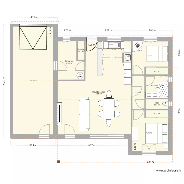 Plein pied 2 chambres. Plan de 11  et 115 m²