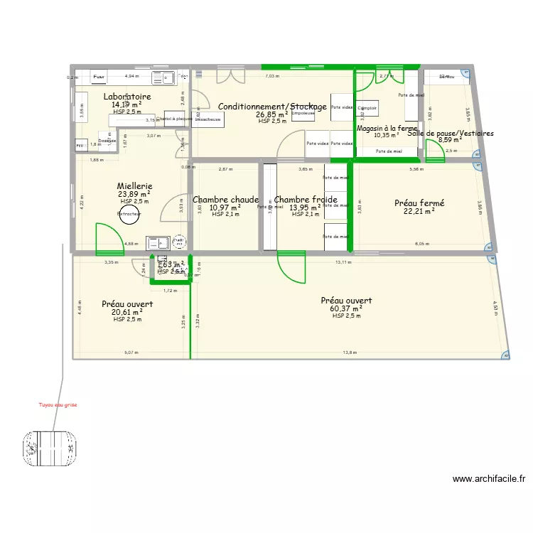 Miellerie. Plan de 11  et 214 m²