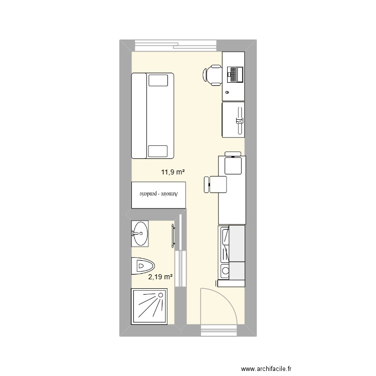 Studio 15m. Plan de 2 pièces et 14 m2