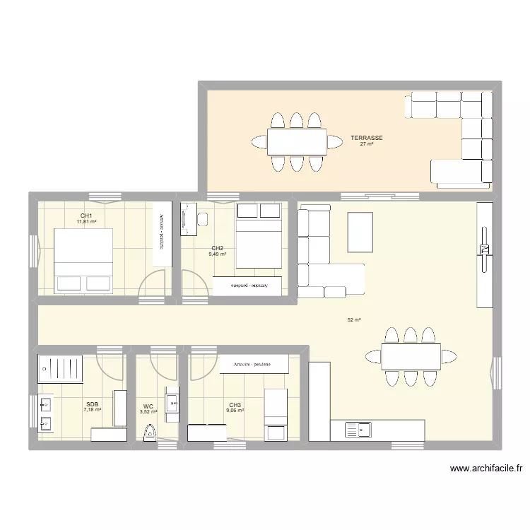 R+1.1. Plan de 7  et 120 m²
